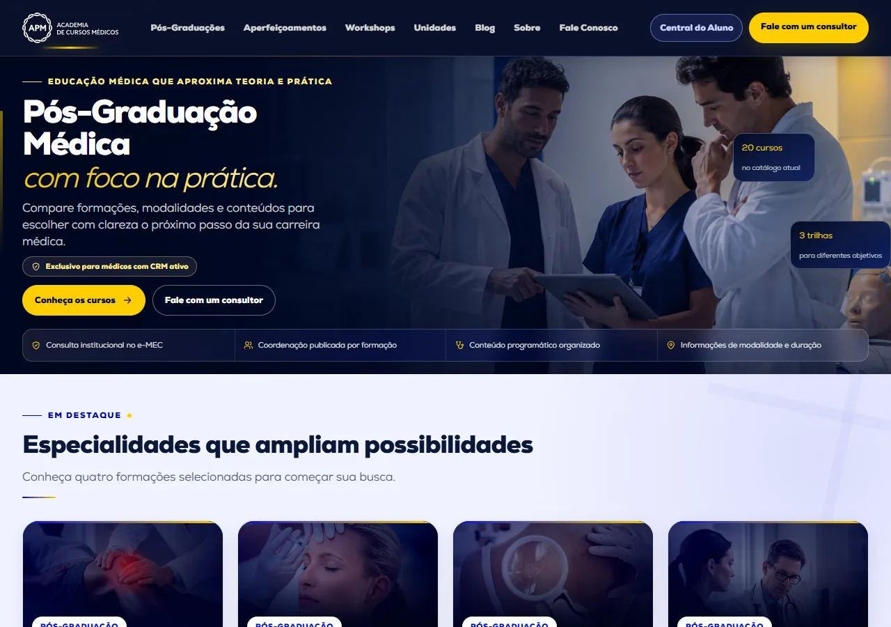Tela real do site APM Cursos Médicos