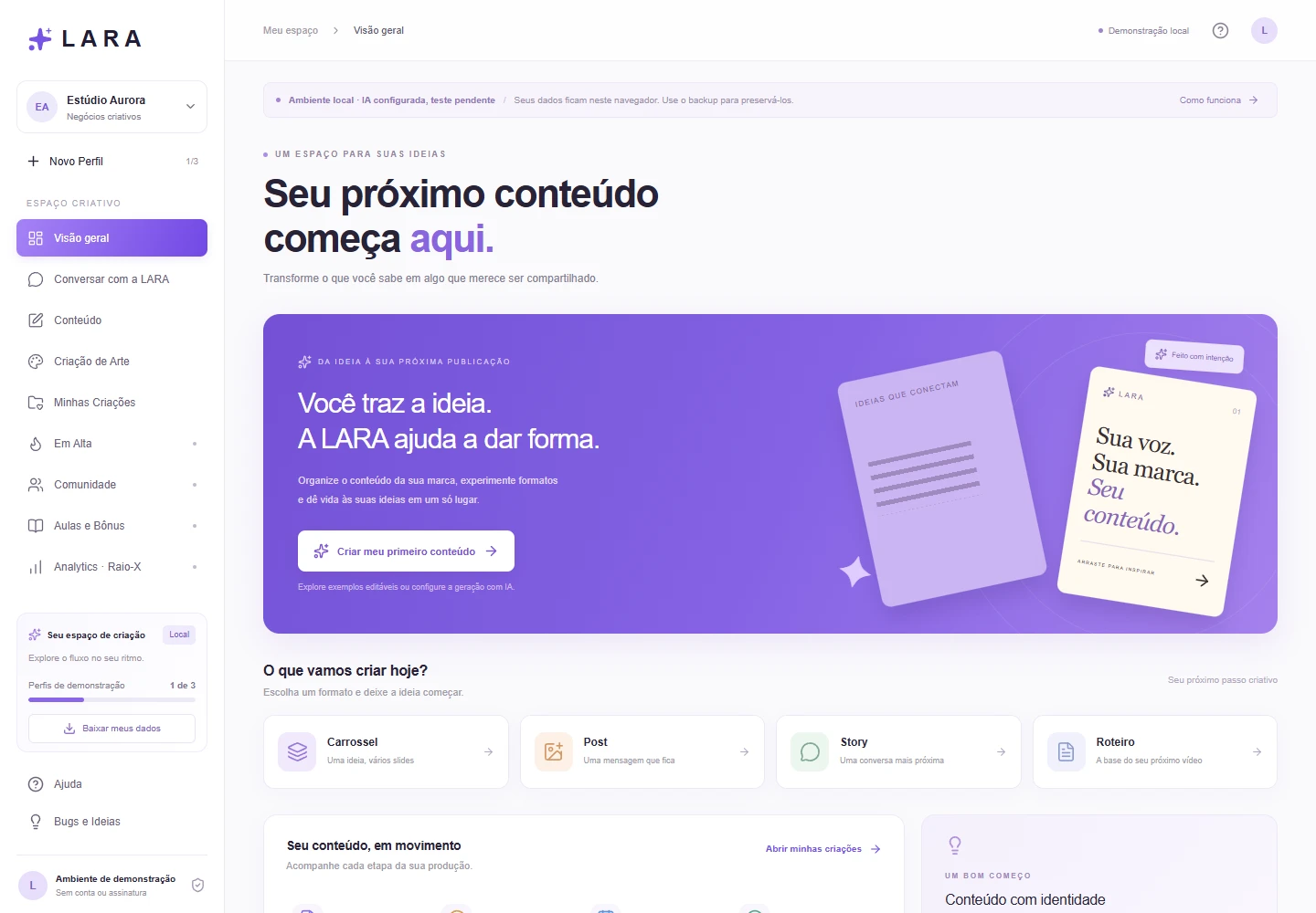 Interface real da LARA com perfil fictício de demonstração